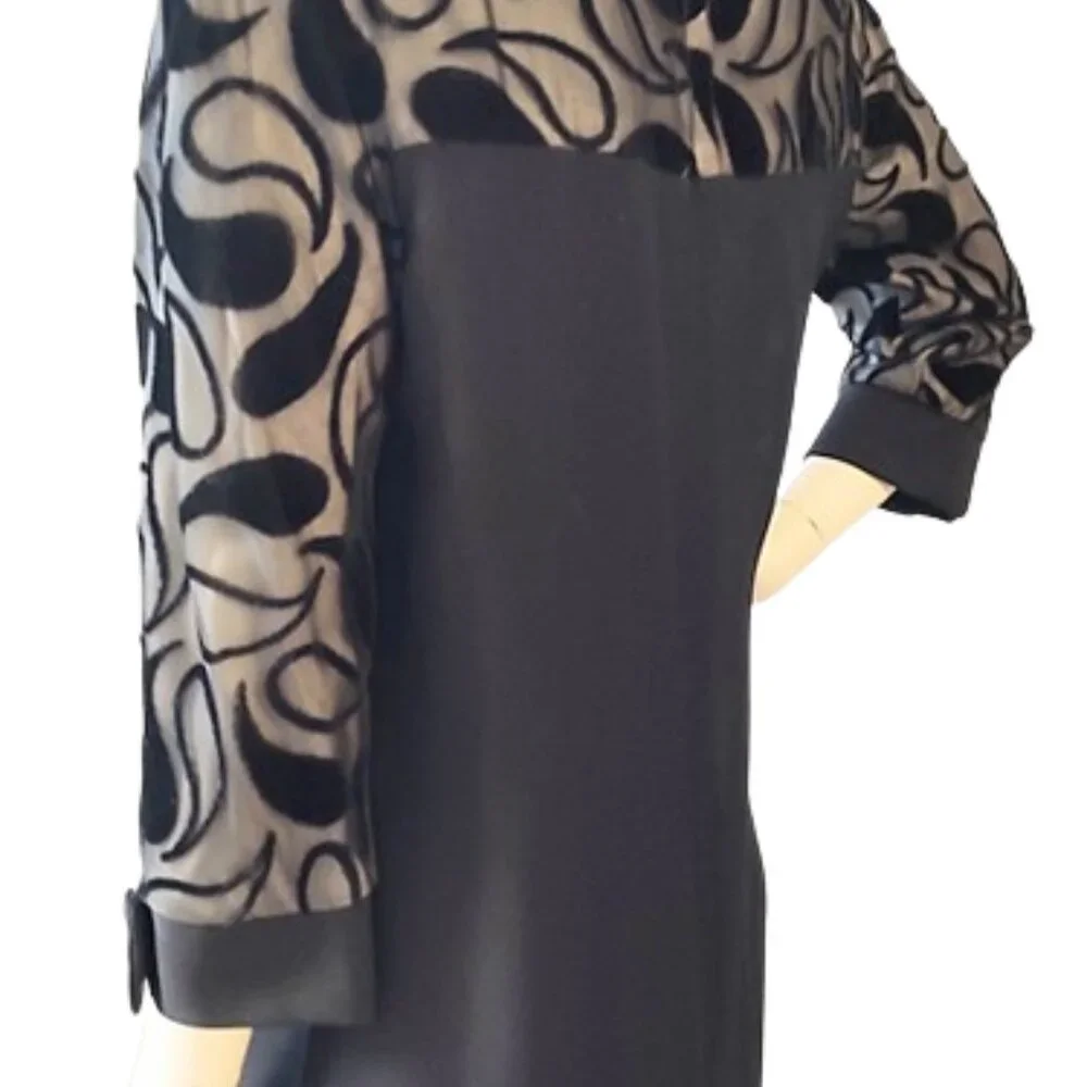 1960s Vintage Black Cocktail Dress With Sheer Top & Black Paisley Designs LBD - Picture 4 of 11